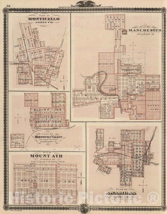 Historic Map : 1875 Plans of Monticello, Manchester, Missouri Valley, Mount Ayr and Anamosa. - Vintage Wall Art