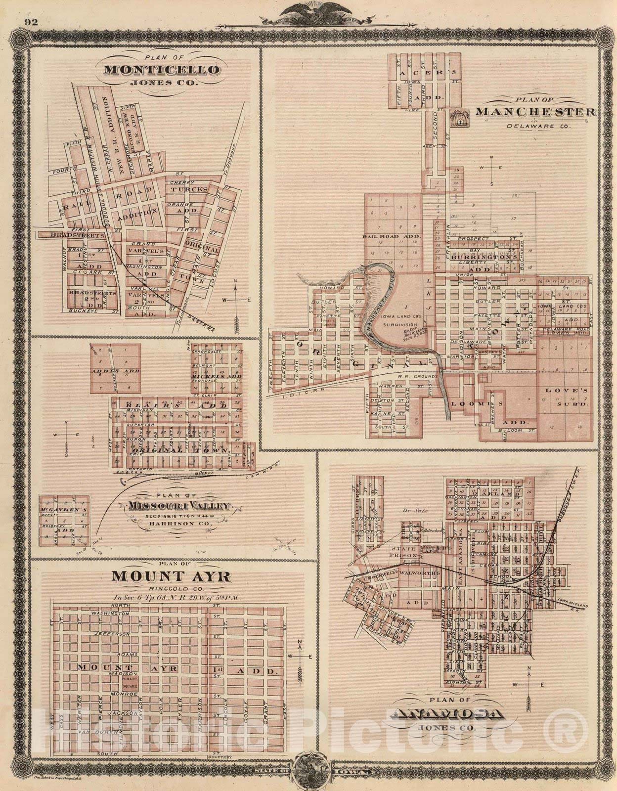 Historic Map : 1875 Plans of Monticello, Manchester, Missouri Valley, Mount Ayr and Anamosa. - Vintage Wall Art