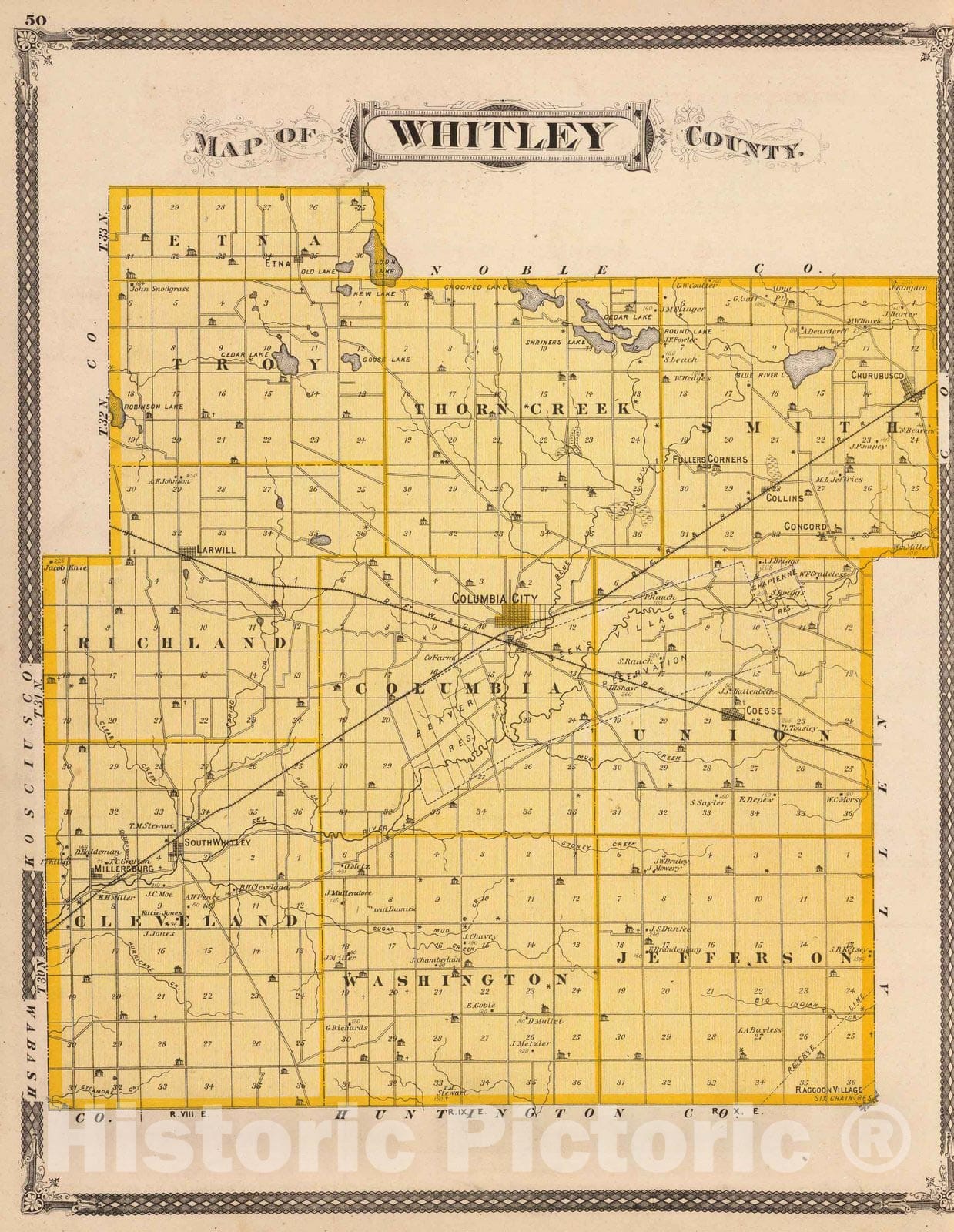 Historic Map : 1876 Map of Whitley County. - Vintage Wall Art