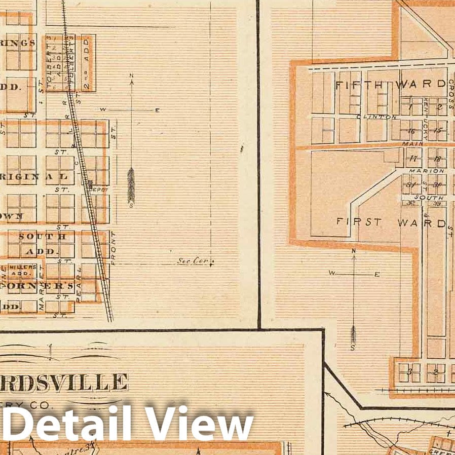Historic Map : 1876 Crawfordsville, Montgomery Co. (with) Brownsburg, Plainfield, Jamestown, Thornton, Danville, Waveland, Ladoga. - Vintage Wall Art