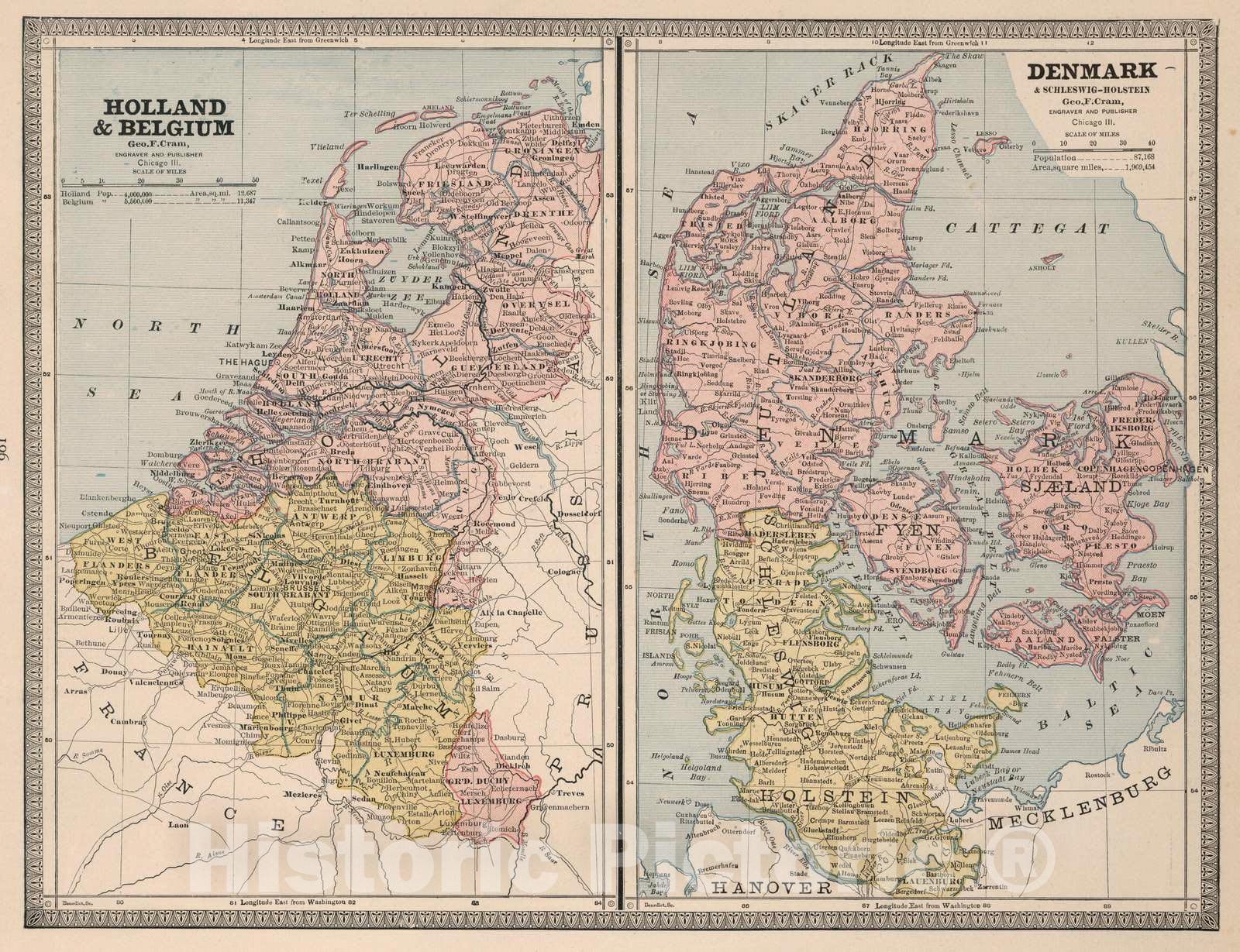 Historic Map : 1883 Holland and Belgium. Denmark. - Vintage Wall Art