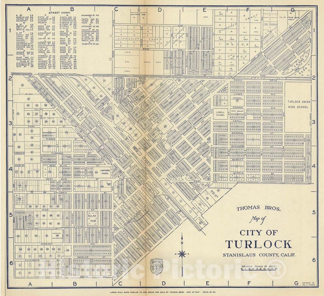 Historic Map : 1938 Thomas Bros. Map of City of Turlock, Stanislaus County, California. - Vintage Wall Art