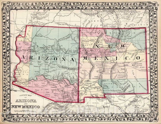 Historic Map - World Atlas - 1877 County map of Arizona and New Mexico - Vintage Wall Art