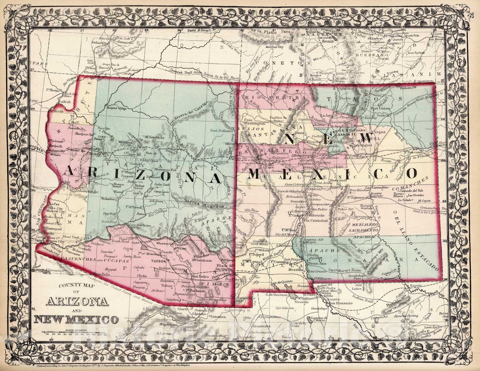 Historic Map - World Atlas - 1877 County map of Arizona and New Mexico - Vintage Wall Art