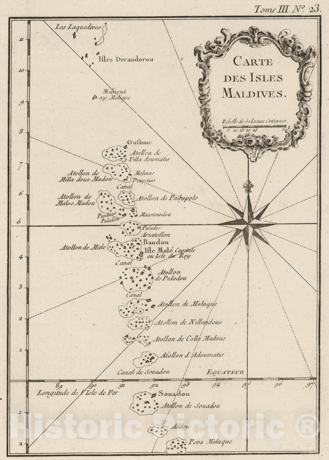 Historic Map : Maldives, Indian Ocean 1764 Carte de Isles Maldives , Vintage Wall Art