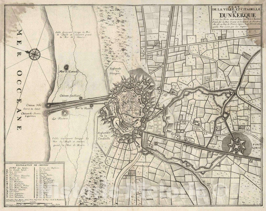 Historic Map : Dunkirk , France, 1727 75. Plan de la Ville et Citadelle de Dunkerque (Dunkirk), France. , Vintage Wall Art