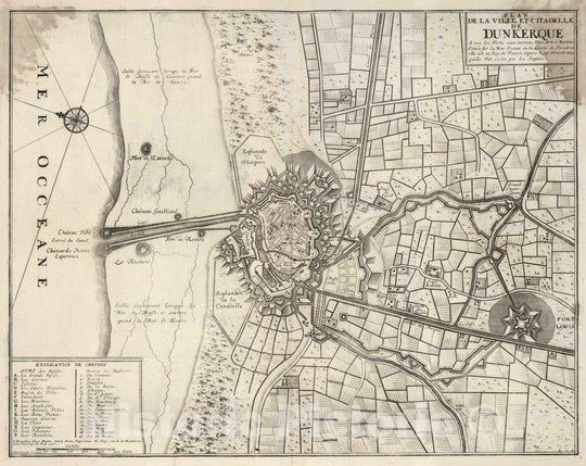 Historic Map : Dunkirk , France, 1727 75. Plan de la Ville et Citadelle de Dunkerque (Dunkirk), France. , Vintage Wall Art