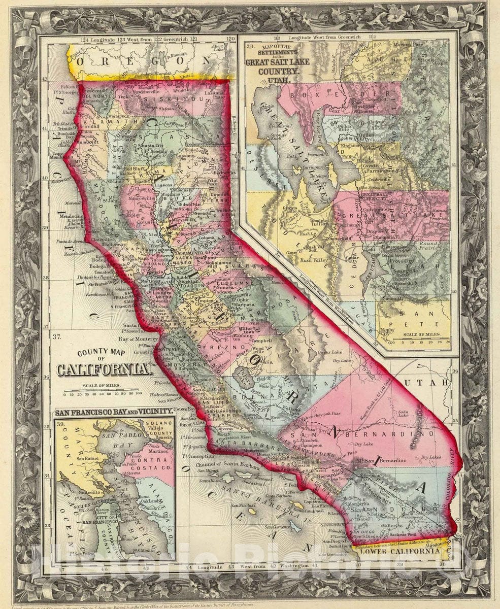 Historic Map : 1860 County Map of California : Vintage Wall Art