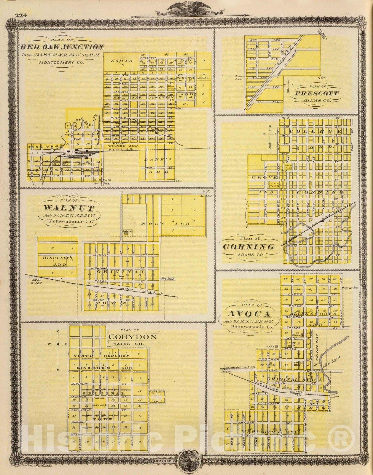 Historic Wall Map : 1875 Plans of Red Oak Junction, Prescott, Walnut, Corning, Corydon and Avoca, Iowa. - Vintage Wall Art