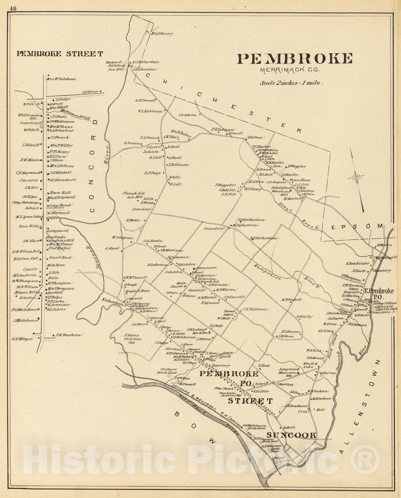 Historic Map : 1892 Pembroke, Merrimack Co. - Vintage Wall Art
