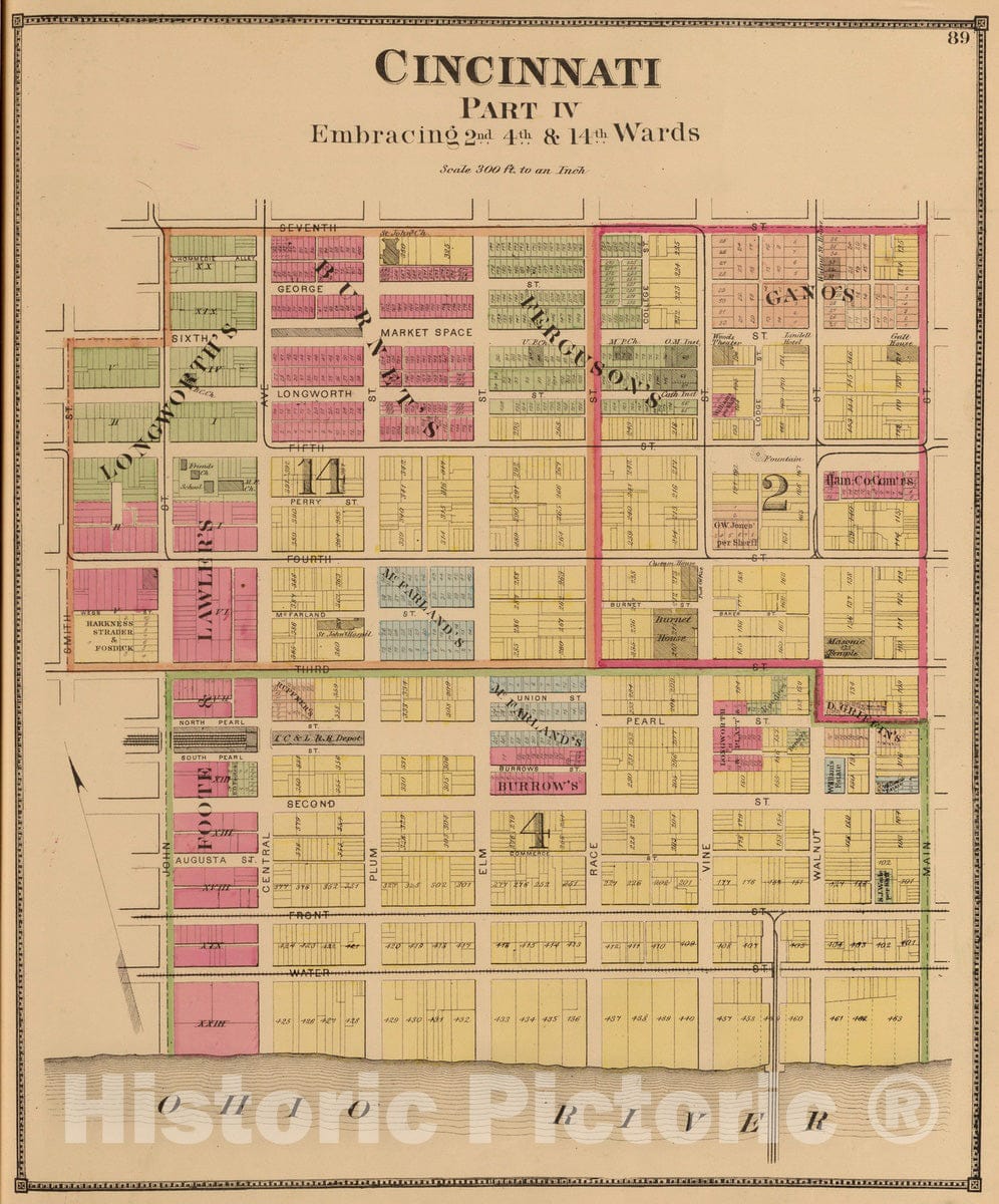 Historic Map : 1869 Cincinnati 4, wards 2, 4, 14. - Vintage Wall Art