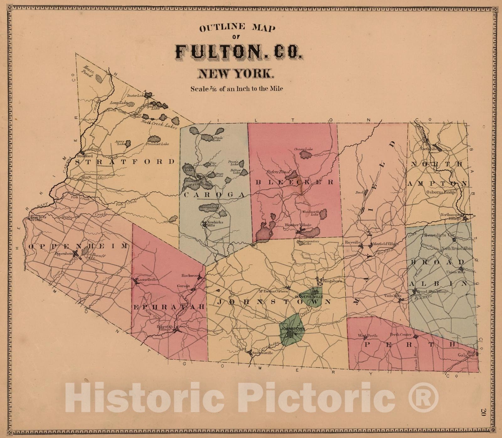 Historic Map : 1868 Outline Map of Fulton County, New York. - Vintage Wall Art