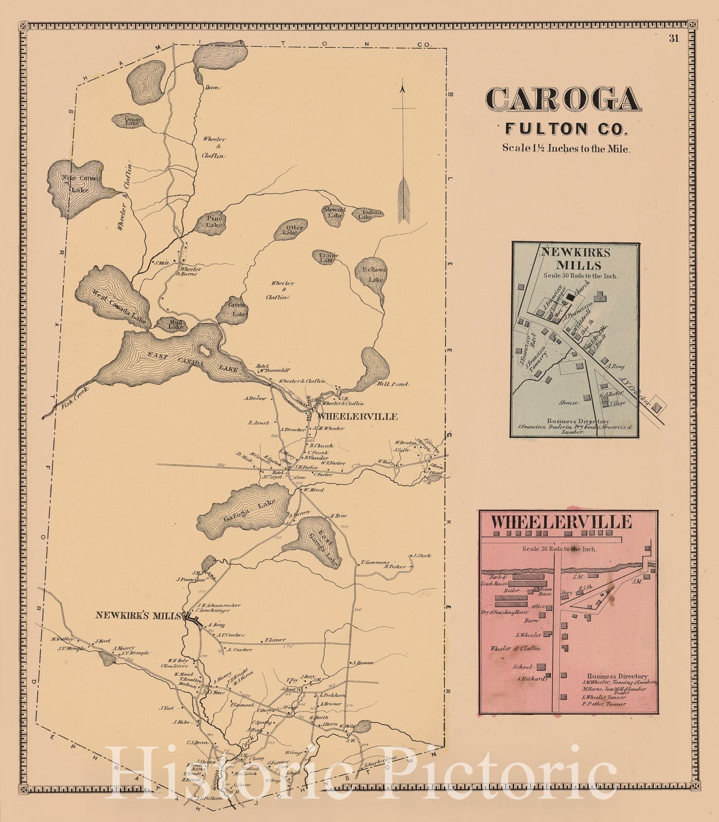 Historic Map : 1868 Caroga, Fulton County, New York. Newkirks Mills. Wheelerville. - Vintage Wall Art