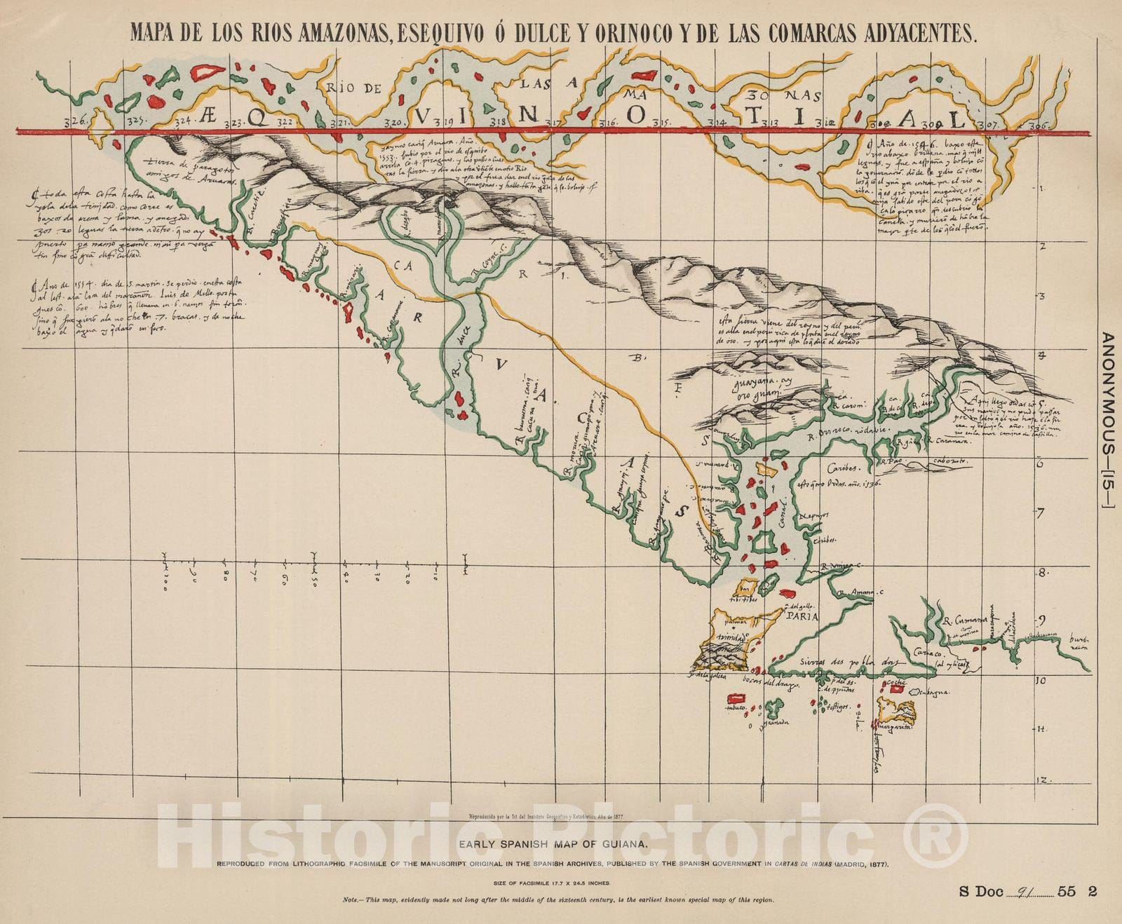Historic Wall Map : National Atlas - 1560 Early Spanish Map of Guiana. - Vintage Wall Art