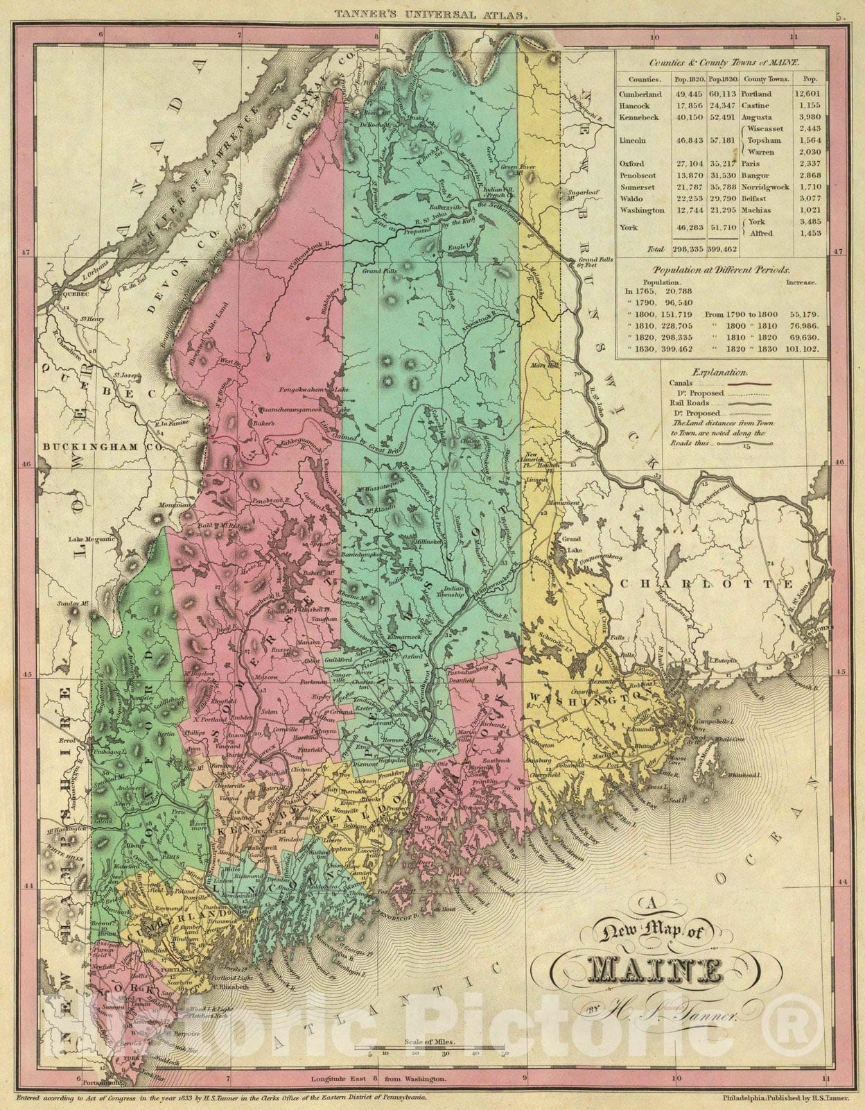 Historic Map : 1836 New Map of Maine. - Vintage Wall Art