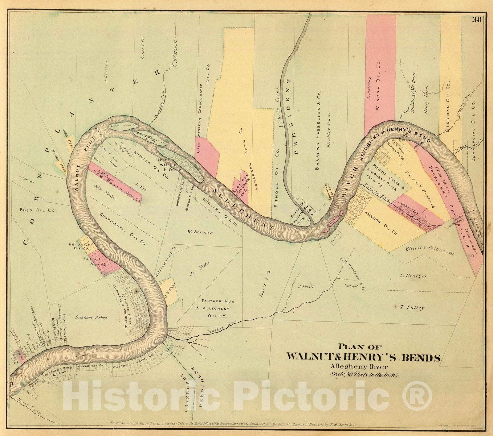 Historic Wall Map : 1865 Allegheny R. bends. - Vintage Wall Art