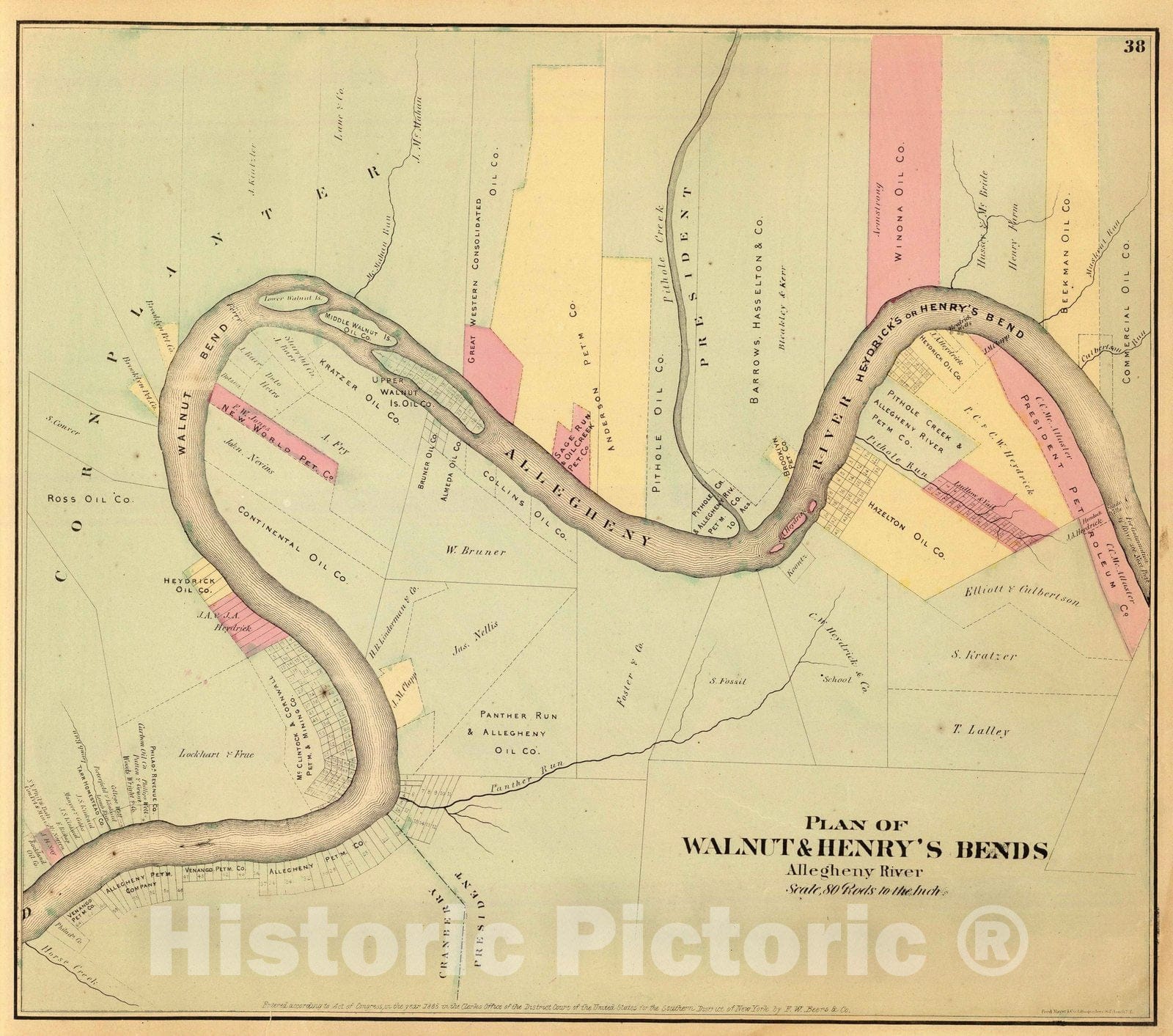 Historic Wall Map : 1865 Allegheny R. bends. - Vintage Wall Art