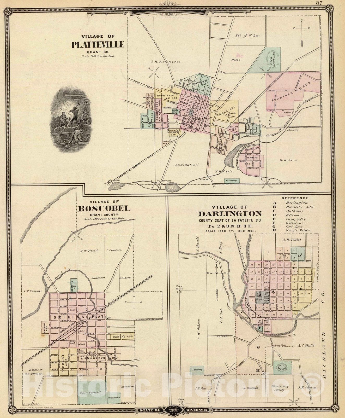 Historic Map : 1878 Villages of Platteville, Boscobel and Darlington. - Vintage Wall Art