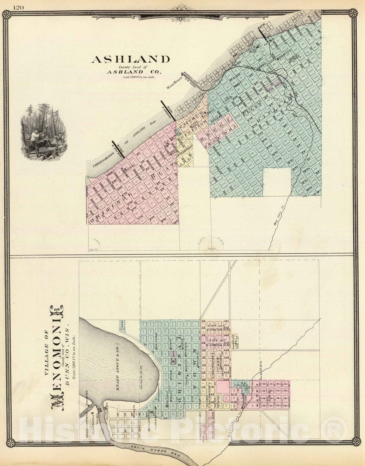Historic Map : 1878 Ashland and Menomonie, Wis. - Vintage Wall Art