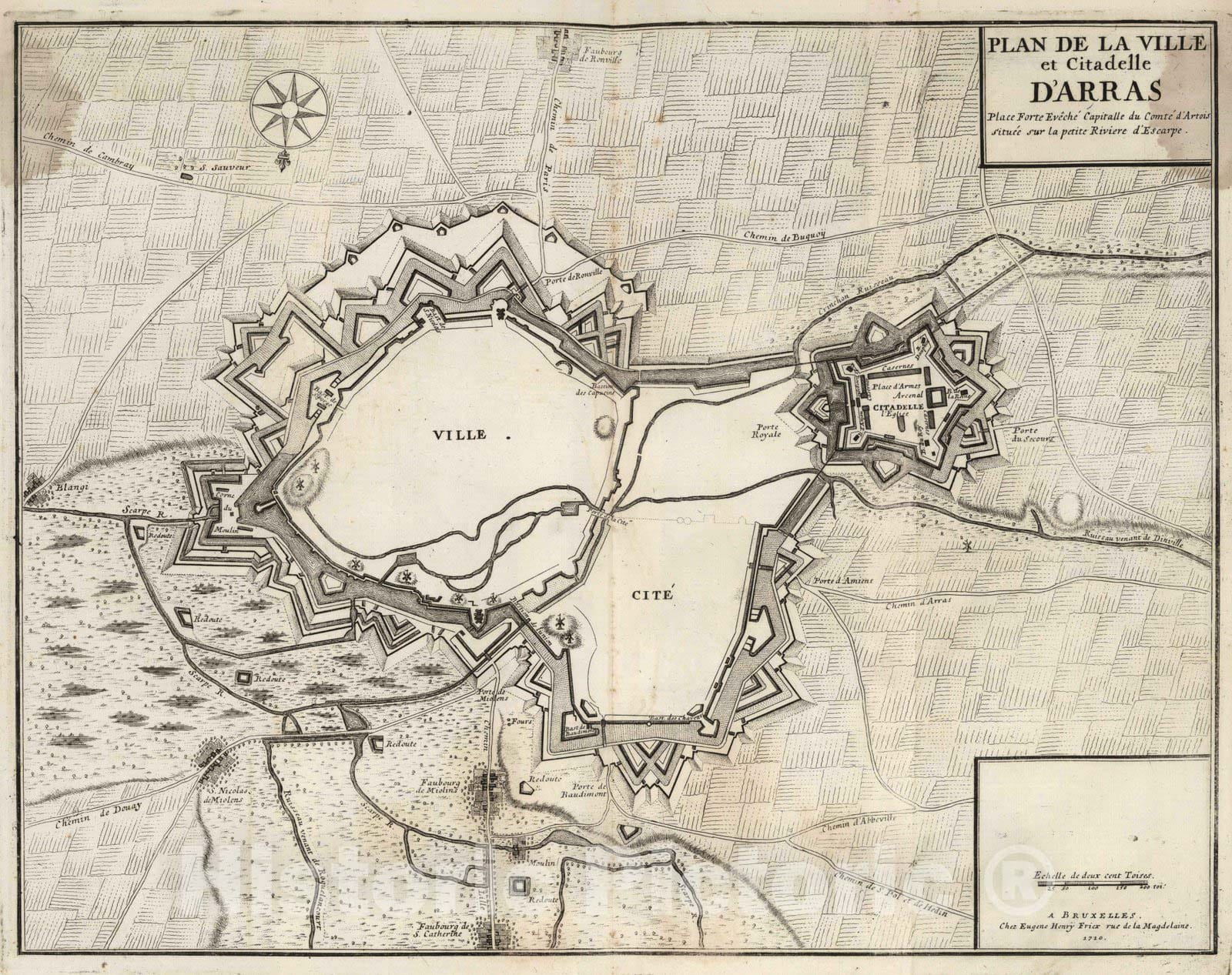 Historic Map : Arras , France, 1710 72. Plan de la Ville et Citadelle d'Arras, France. 1710. , Vintage Wall Art