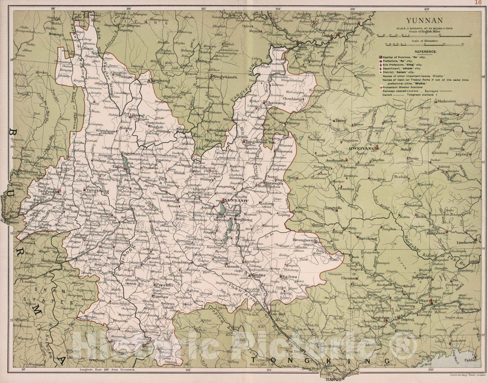 Historic Map : National Atlas - 1908 Yunnan. Stanford's Geographical Establishment - Vintage Wall Art
