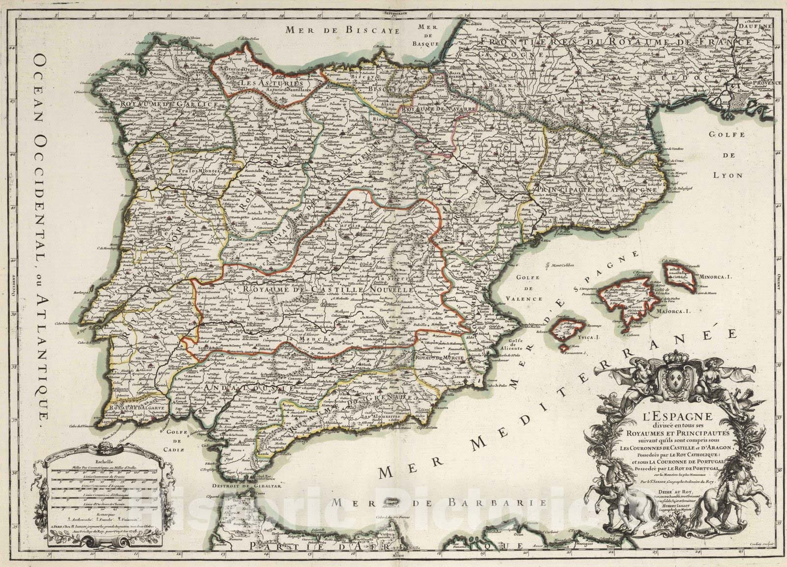Historic Wall Map : Spain, Iberian Peninsula 1708 L'Espagne. , Vintage Wall Art