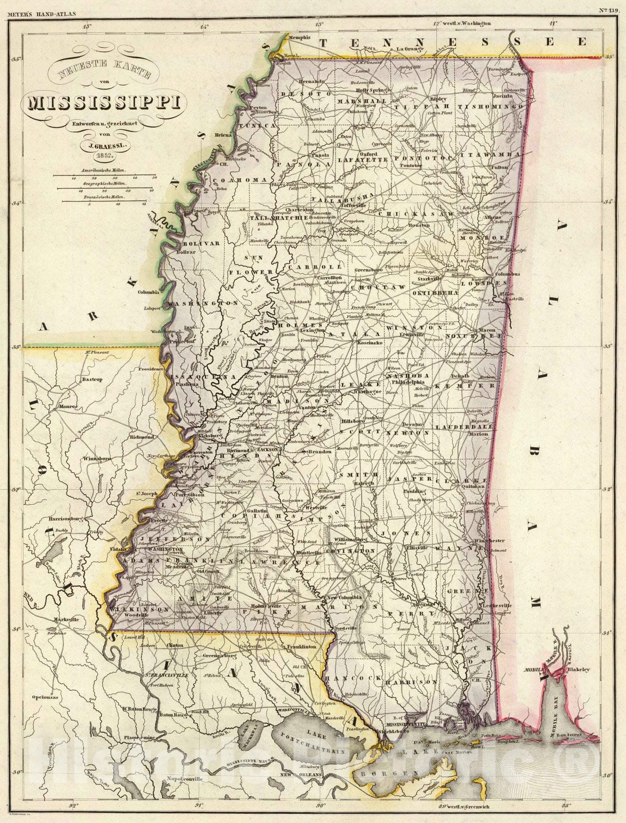 Historic Map : 1852 Mississippi. - Vintage Wall Art