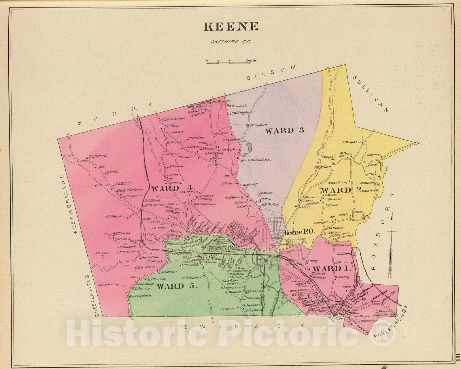 Historic Map : 1892 Keene, Cheshire Co. - Vintage Wall Art