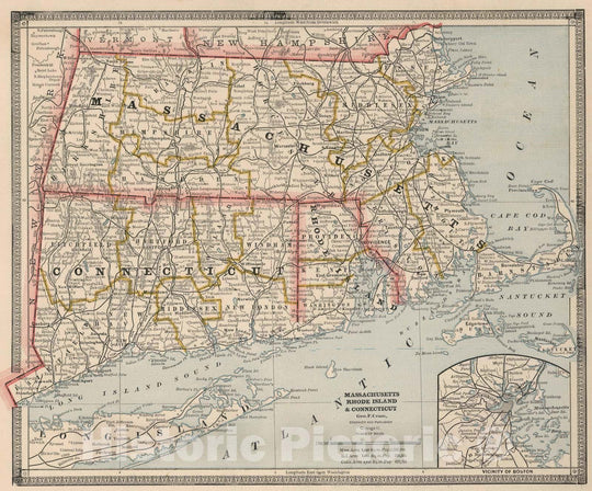 Historic Map : 1883 Massachusetts, Rhode Island and Connecticut : Vintage Wall Art