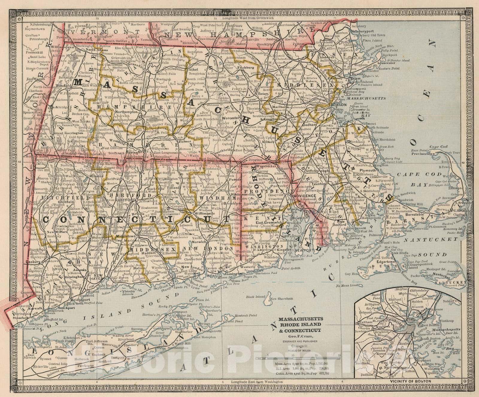 Historic Map : 1883 Massachusetts, Rhode Island and Connecticut : Vintage Wall Art
