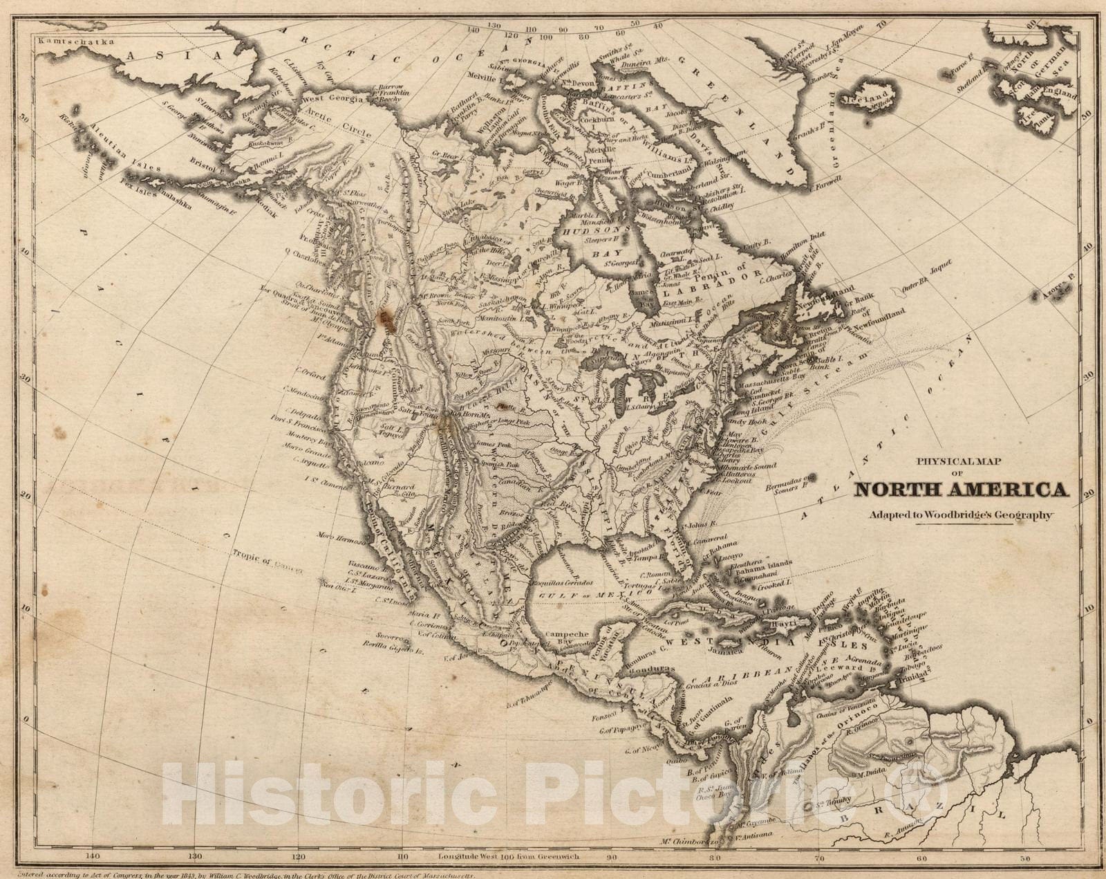 Historic Map : School Atlas - 1849 Physical Map Of North America - Vintage Wall Art