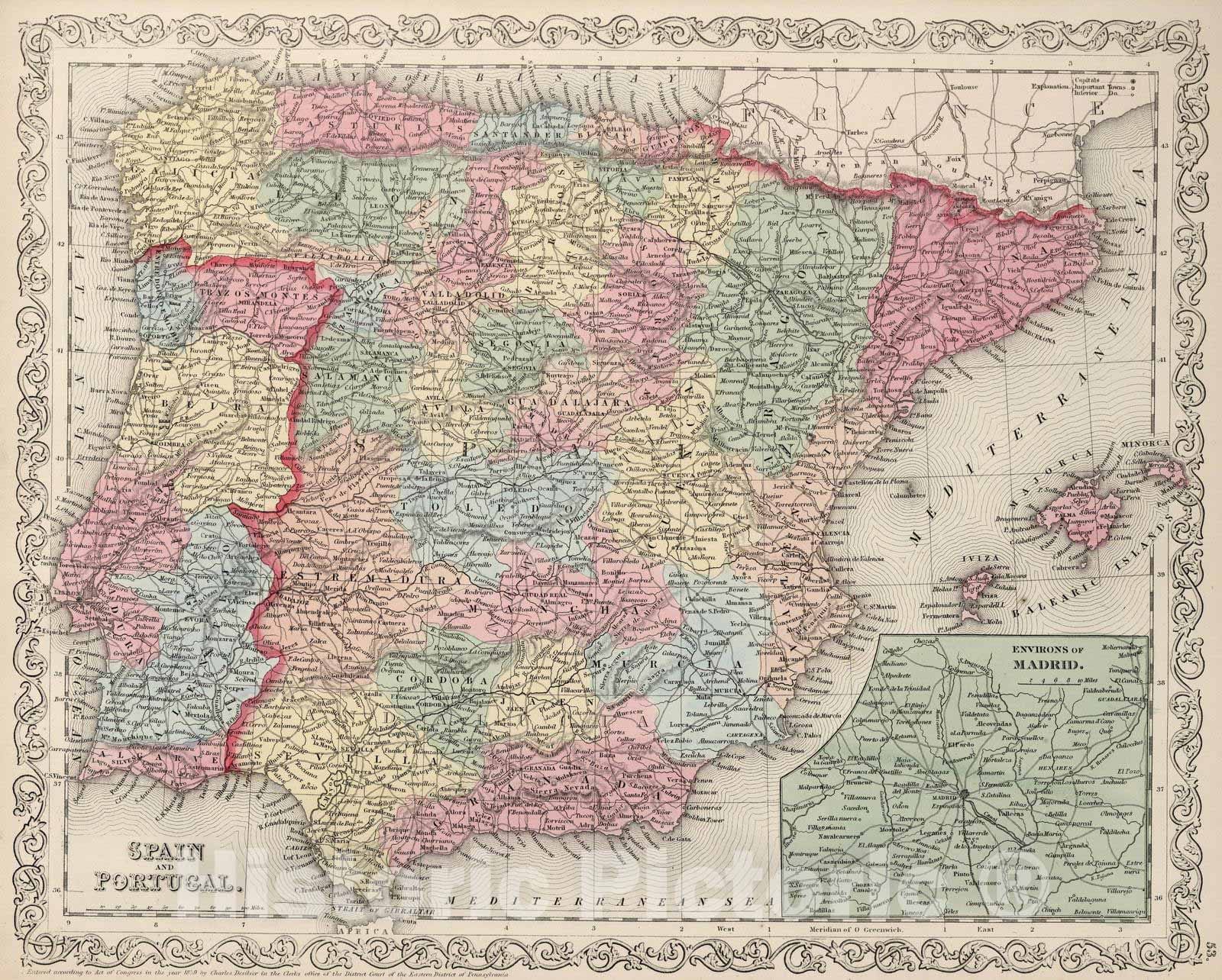 Historic Map : 1859 Spain and Portugal. v2 - Vintage Wall Art