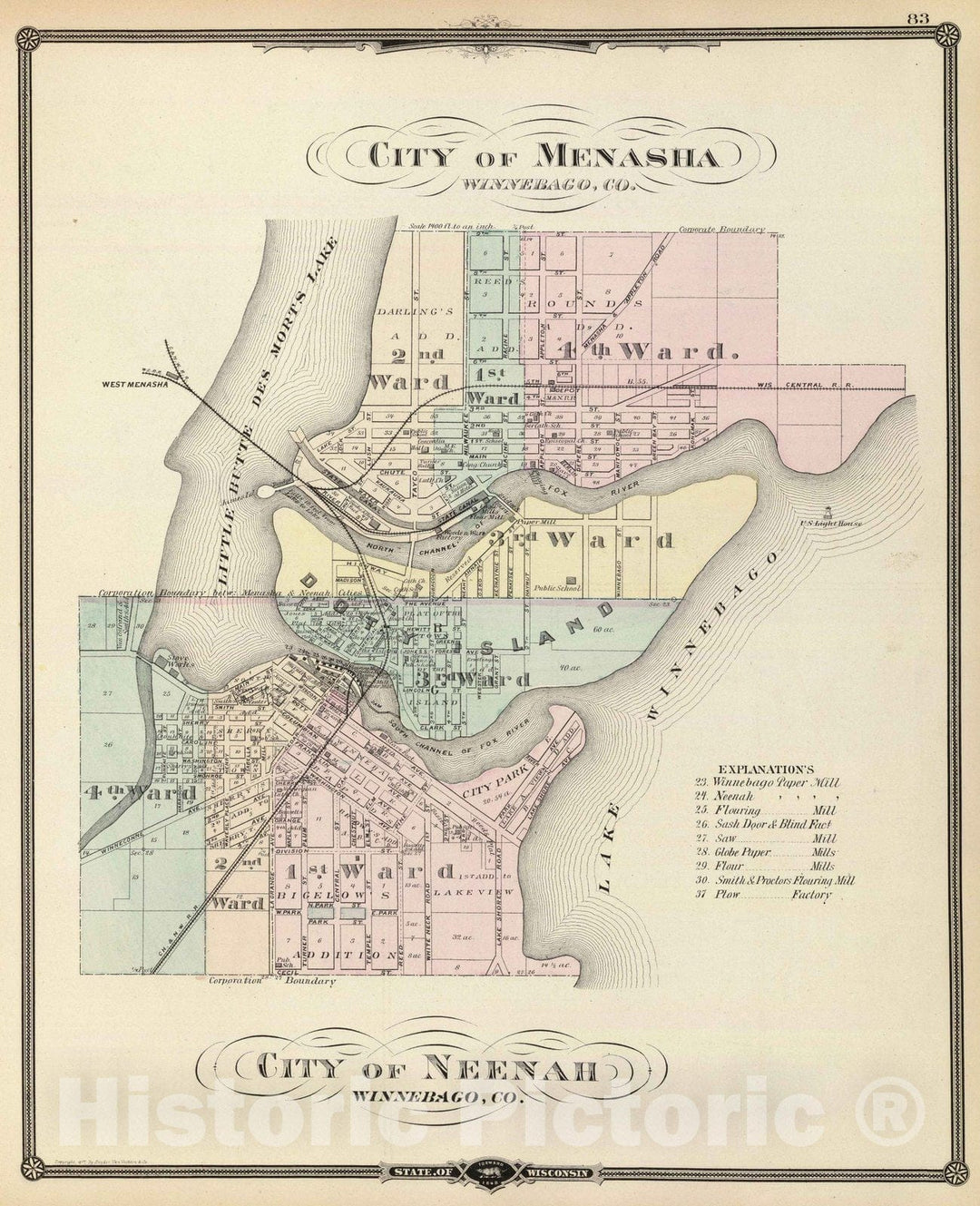 Historic Map : 1878 City of Menasha, City of Neenah. - Vintage Wall Art