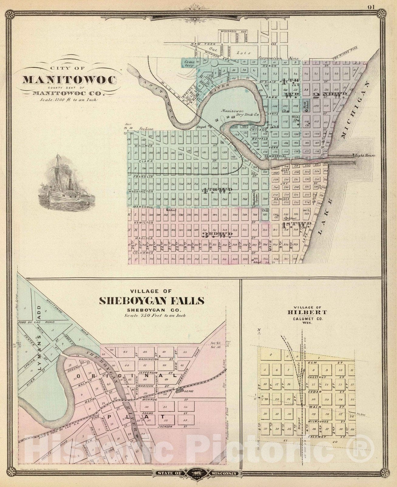 Historic Map : 1878 Manitowoc, Sheboygan and Hilbert, Wis. - Vintage Wall Art