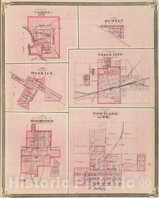 Historic Map : 1876 Plan of Portland, Jay Co, Ind. (with) Camden, Redkey, Dunkirk, Union City, Winchester. - Vintage Wall Art