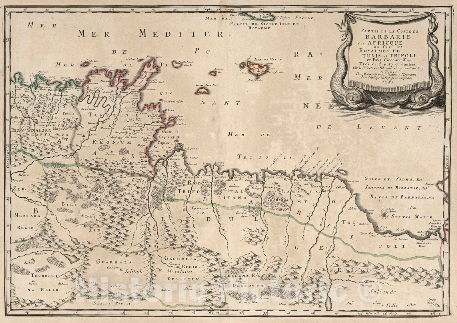 Historic Map : 1695 Barbary Coast in Africa or the Kingdoms of Tunis, and Tripololi. - Vintage Wall Art
