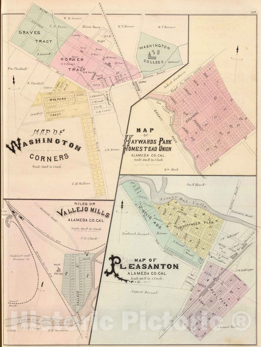 Historic Map : 1878 Wash. Corners, Haywards Park, Niles, Pleasanton. - Vintage Wall Art