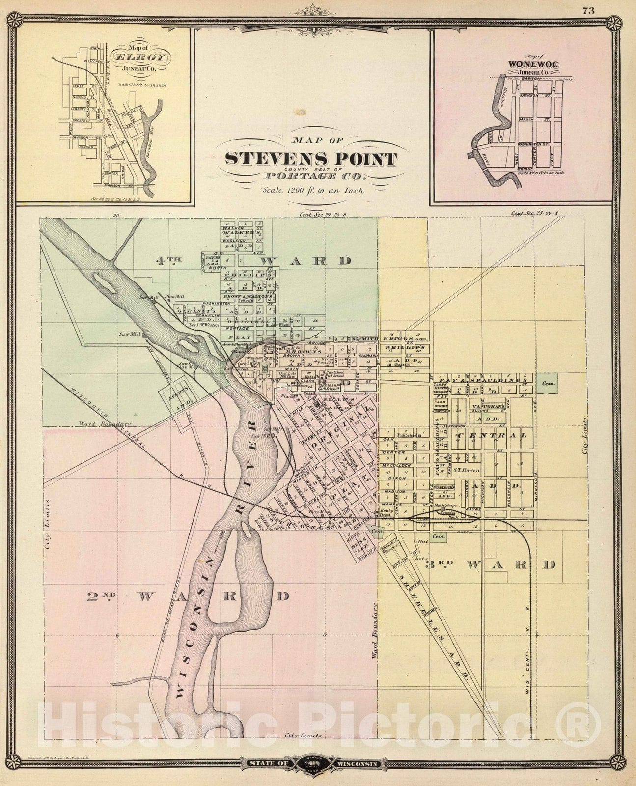 Historic Map : 1878 Maps of Stevens Point, Elroy and Wonewoc. - Vintage Wall Art