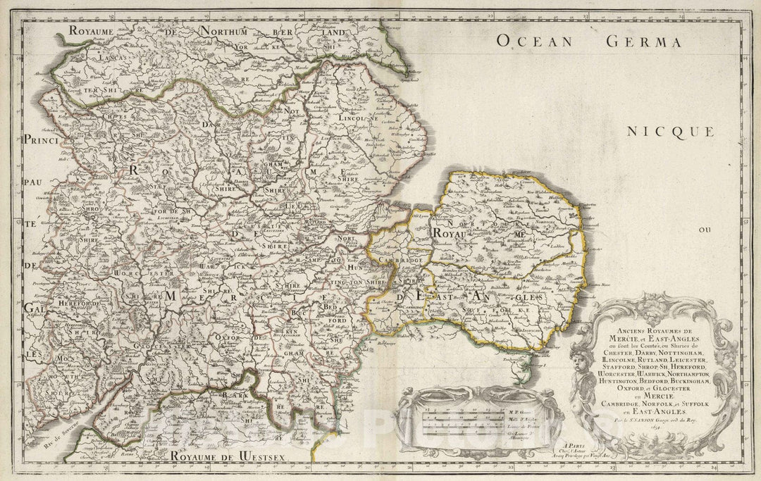 Historic Map : 1654 Ancient Kingdoms of Mercia and East Anglia, Enland. - Vintage Wall Art