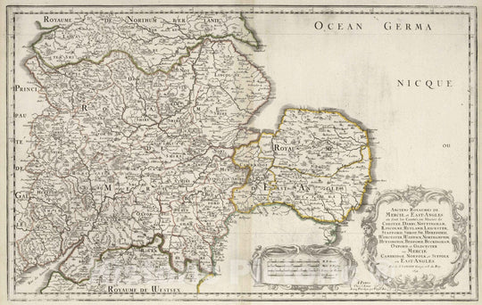 Historic Map : 1654 Ancient Kingdoms of Mercia and East Anglia, Enland. - Vintage Wall Art
