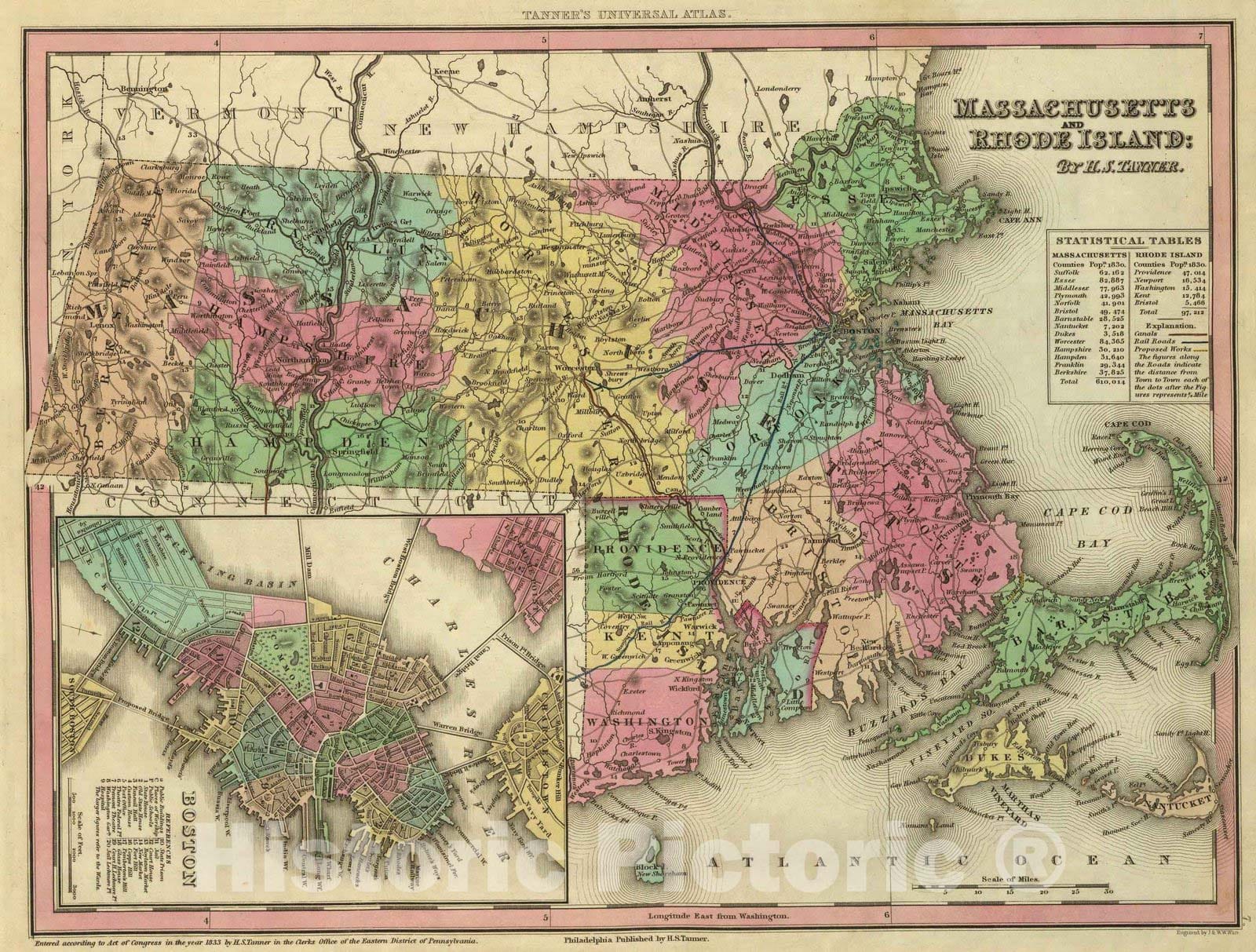 Historic Map : 1836 Massachusetts And Rhode Island. - Vintage Wall Art
