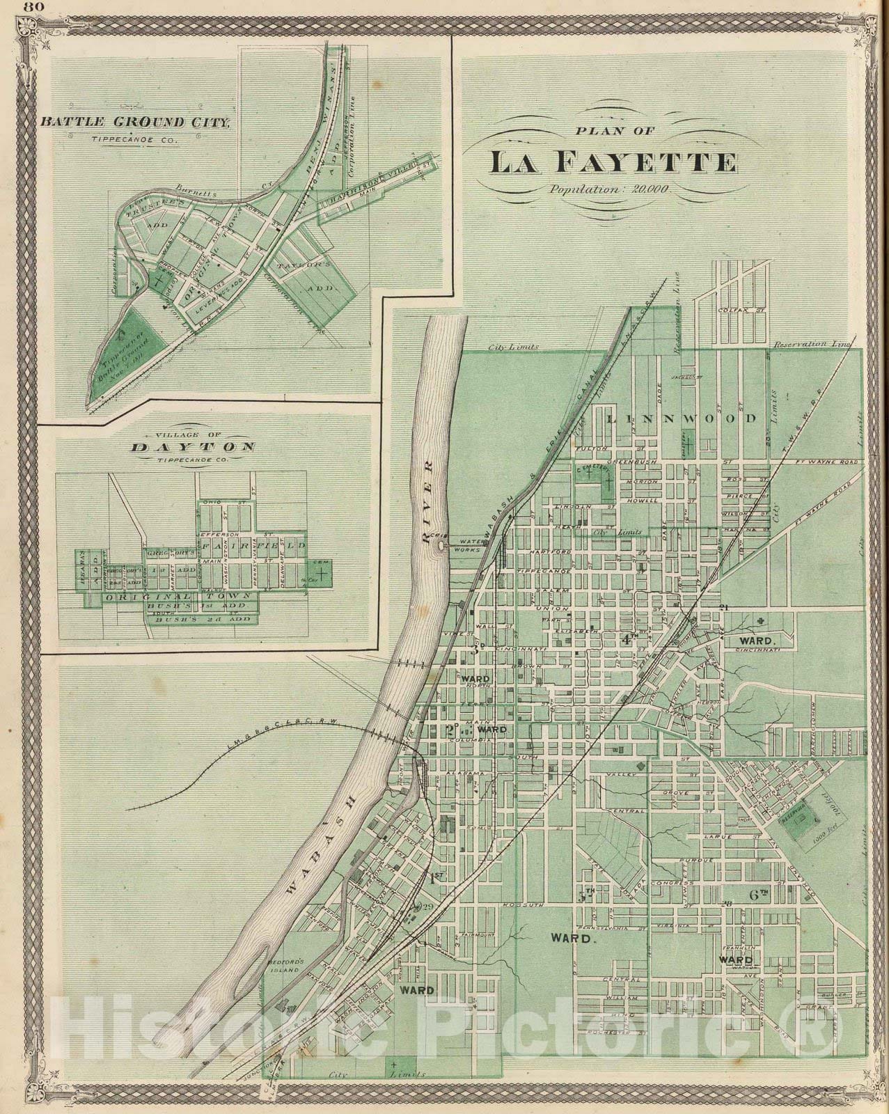 Historic Map : 1876 Plan of La Fayette (with) Battle Ground City, Village of Dayton. - Vintage Wall Art