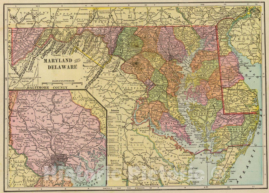Historic Map : 1909 Maryland, Delaware. - Vintage Wall Art
