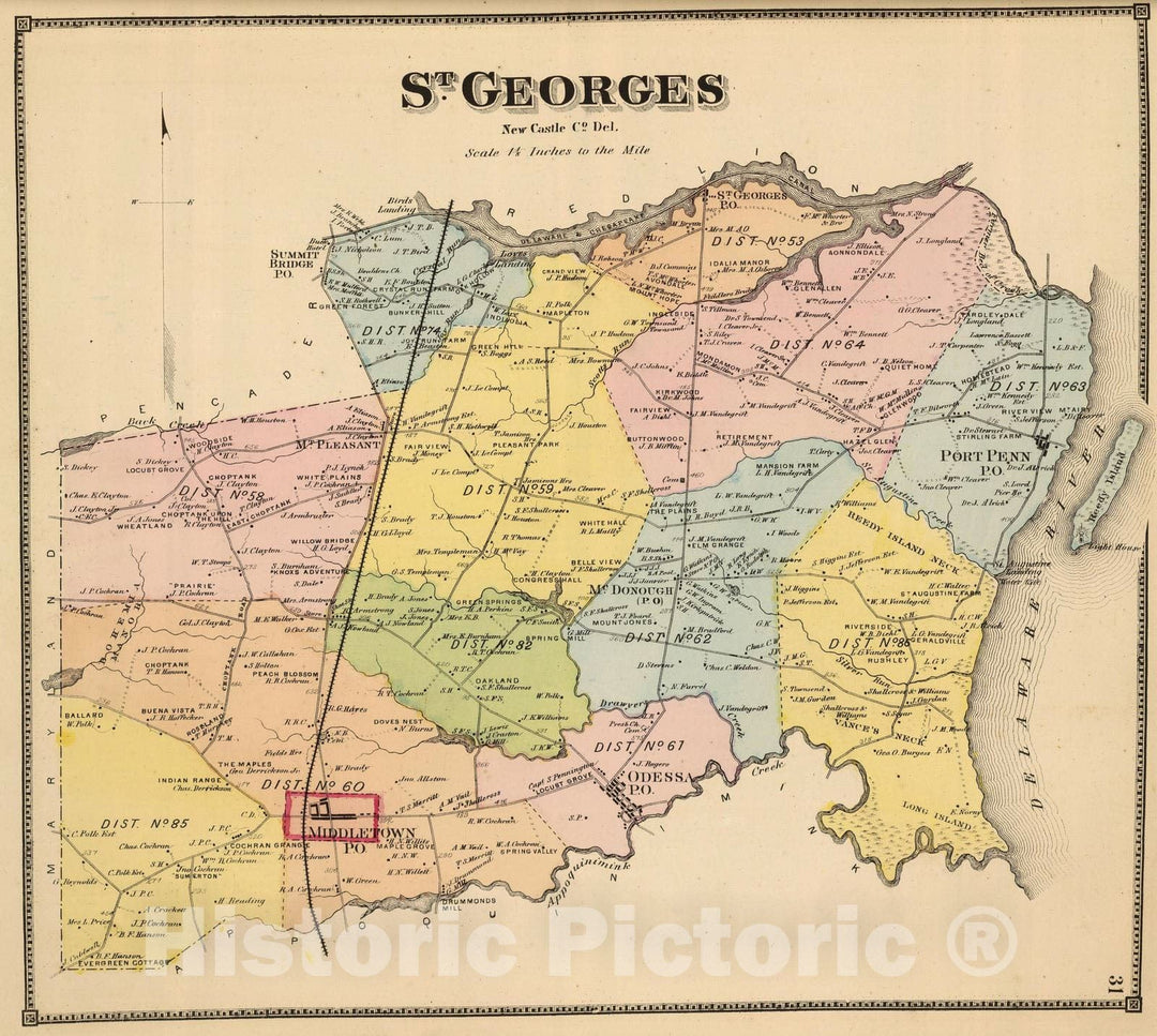 Historic Map : Saint Georges Hundred (Del.), Delaware, 1868 St. Georges. , Vintage Wall Art