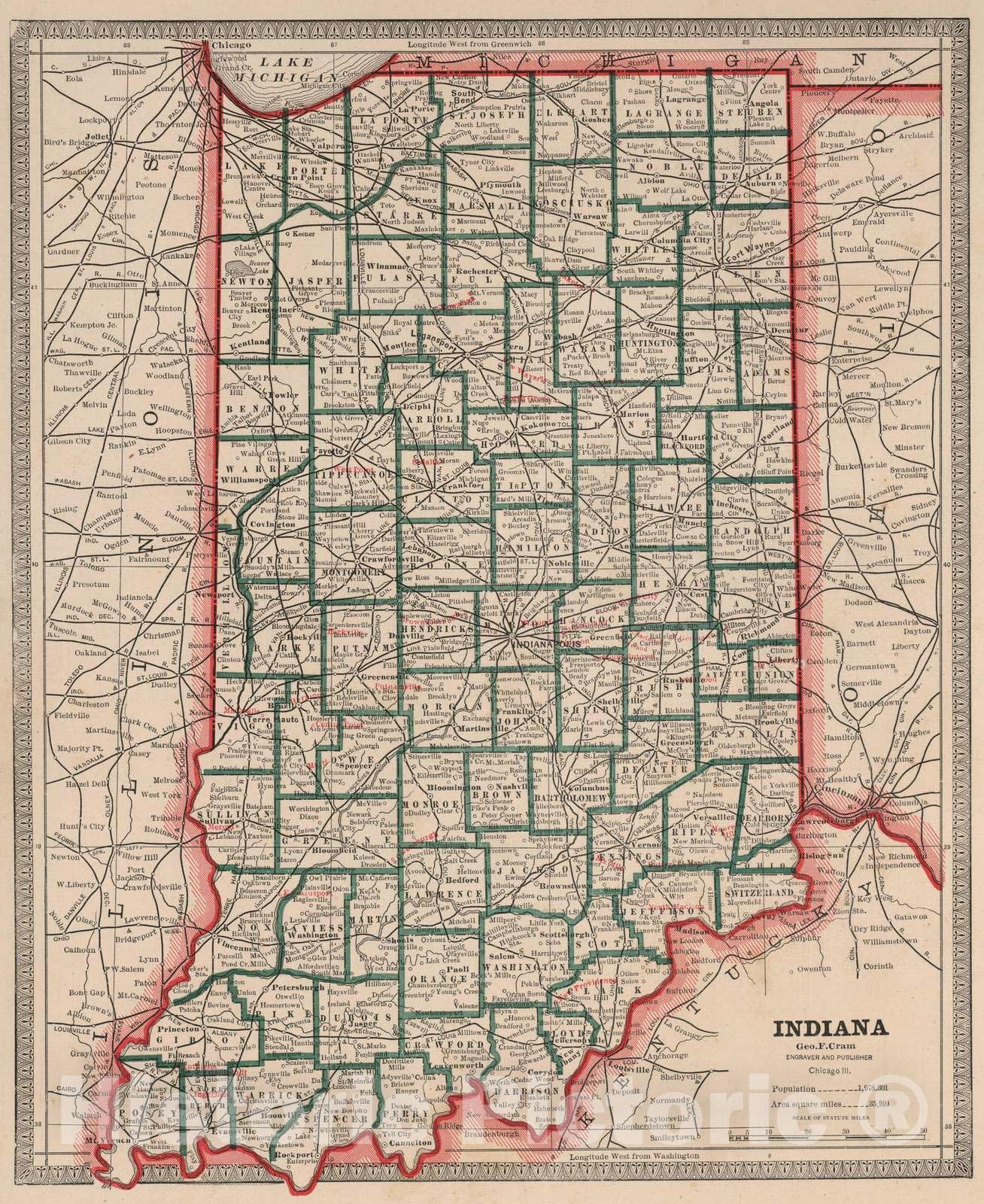 Historic Map : 1883 Indiana : Vintage Wall Art