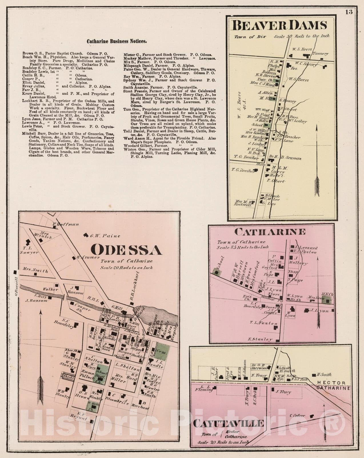 Historic Map : 1874 Odessa. Beaver Dams. Catherine. Cayutavillle, New York. - Vintage Wall Art