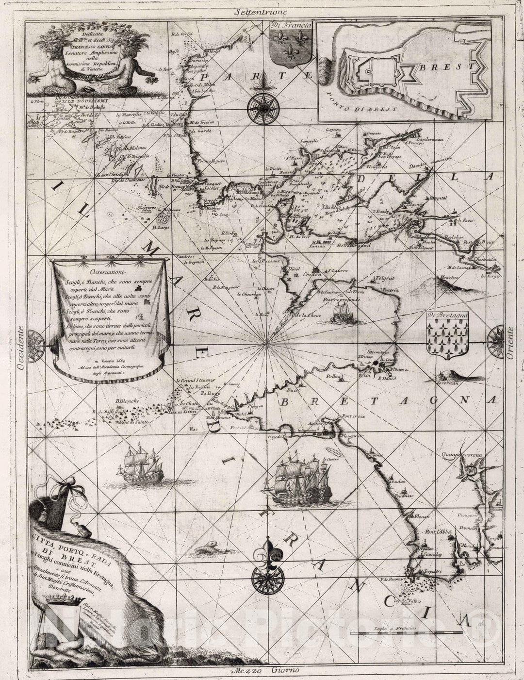 Historic Map : Brittany , France 1693 Citta, Porto e Rada di Brest. , Vintage Wall Art
