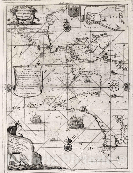 Historic Map : Brittany , France 1693 Citta, Porto e Rada di Brest. , Vintage Wall Art