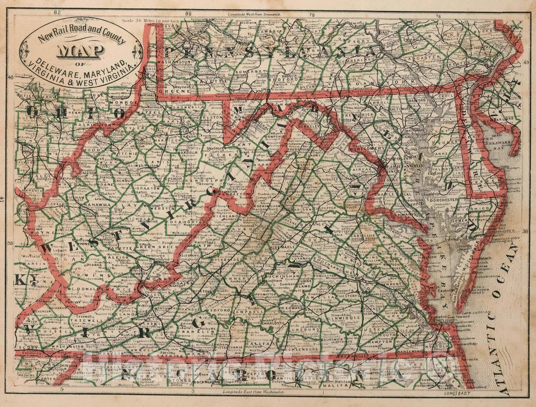 Historic Map : 1883 New Rail Road and County Map of Deleware (Delaware), Maryland, Virginia & West Virginia. - Vintage Wall Art