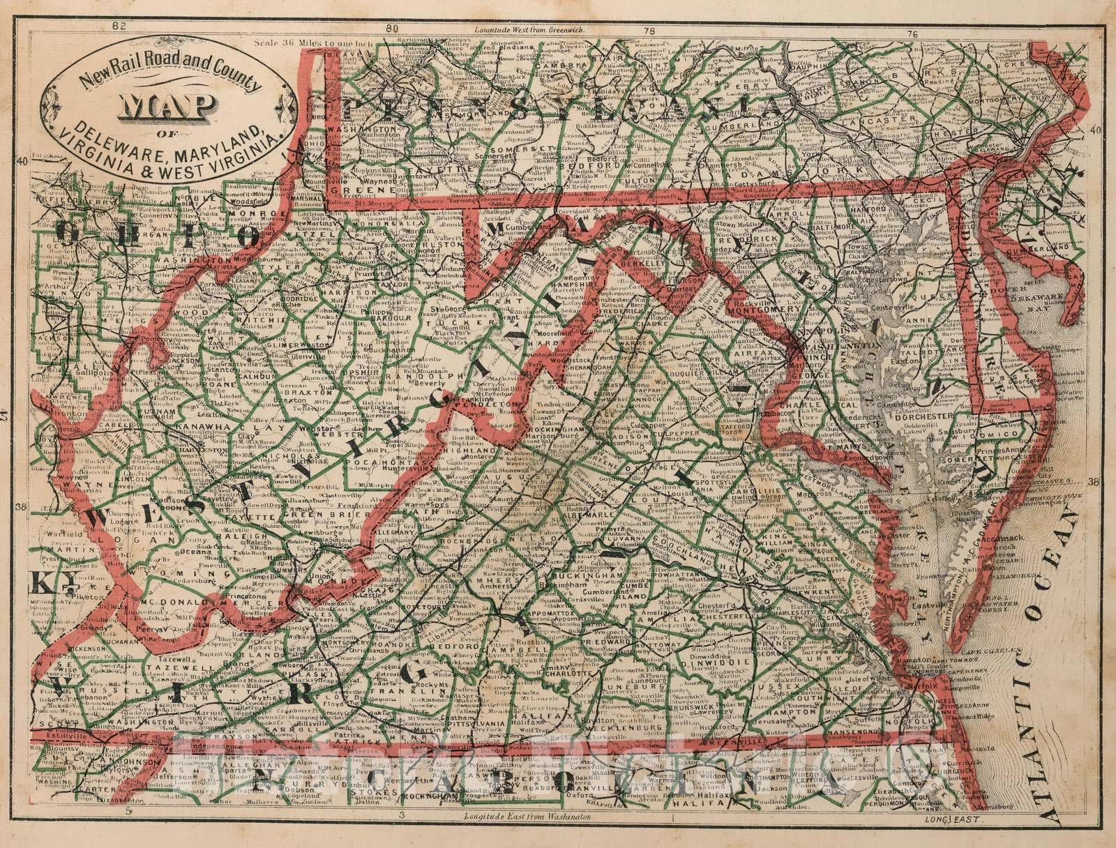 Historic Map : 1883 New Rail Road and County Map of Deleware (Delaware), Maryland, Virginia & West Virginia. - Vintage Wall Art